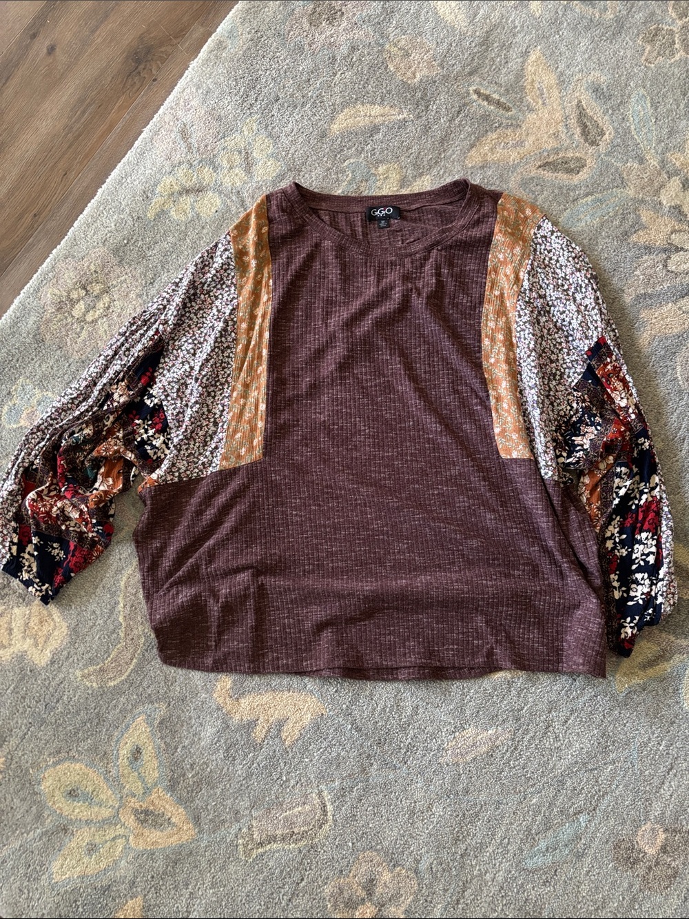 GGO Plum Mixed-Print Patchwork Blouse with Mustard Accents